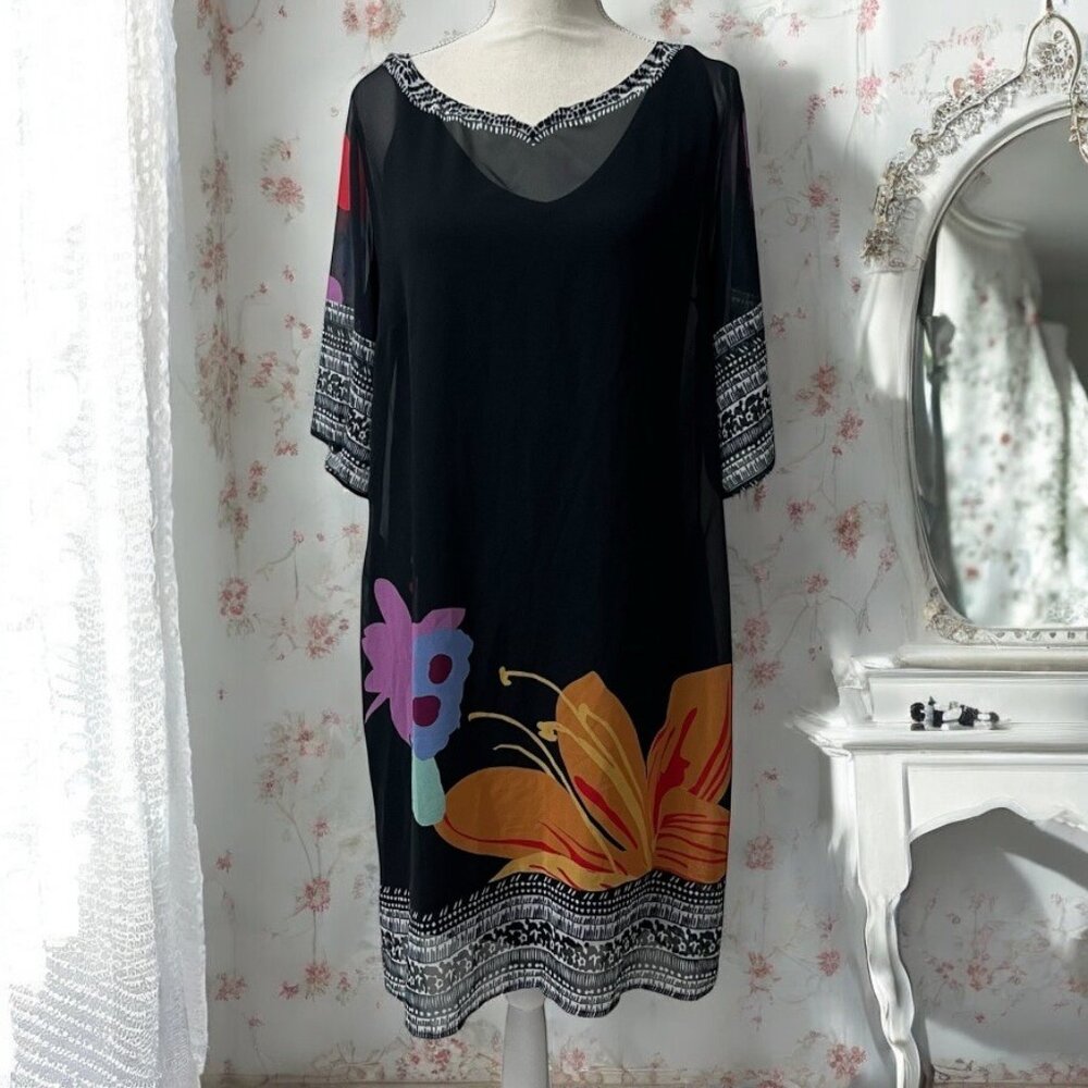 Soft Surroundings Floral Hibiscus Black‎ Shift Dress & Slip Size Medium